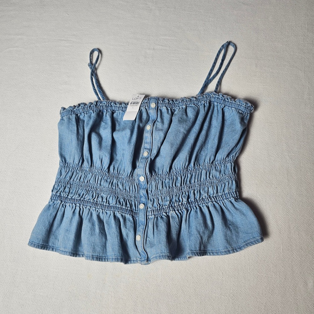 LOFT Chambray Smocked Peplum Camisole Top Blue Cotton Button Front NWT L